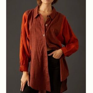 Anthropologie Orange Striped Cotton Gauze Button Down Top